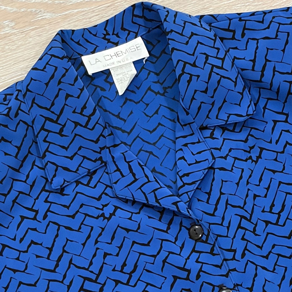 La Chemise Vintage Blue Black Geometric Print Button Up Blouse‎ XS Made in USA